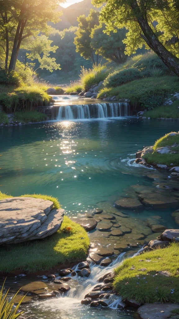 Where the water flows quietly, Very fun, beautiful, calm and beautifully landscaped. Realistic, 8K Ultra HD, Studio Quality, Ultra-realistic, 最大のdetailed, Large scale, Post-processing, Realistic, Realistic, Photoshop, photograph, detailed, Cinema Lighting、sunrise, landscape, Panorama, scenery, Ray Tracing, Cinema 4D