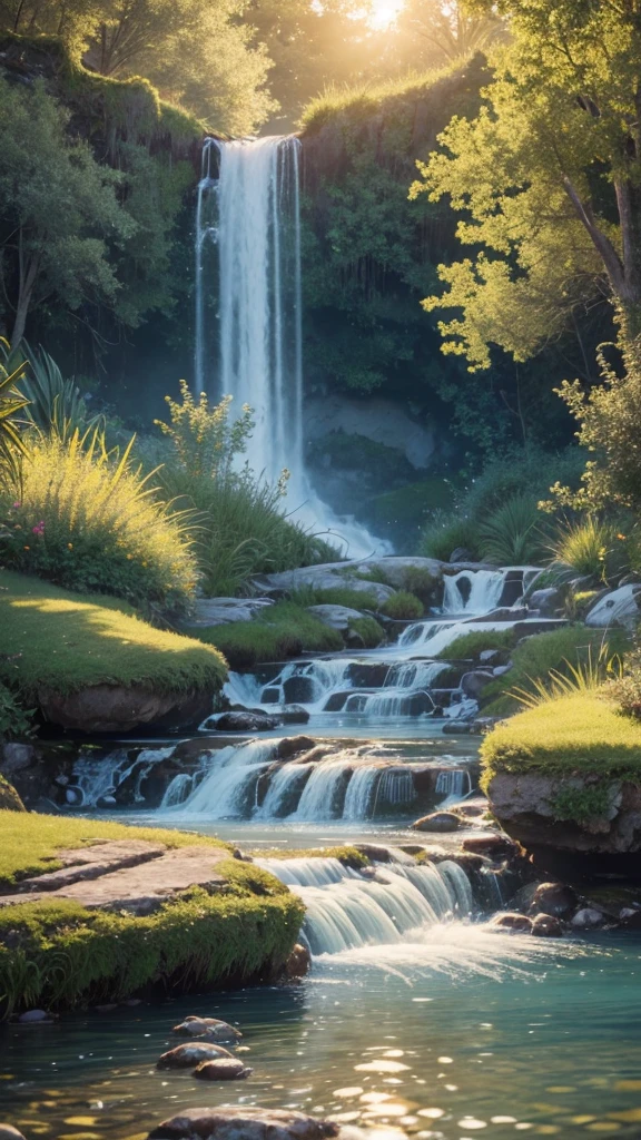 Where the water flows quietly, Very fun, beautiful, calm and beautifully landscaped. Realistic, 8K Ultra HD, Studio Quality, Ultra-realistic, 最大のdetailed, Large scale, Post-processing, Realistic, Realistic, Photoshop, photograph, detailed, Cinema Lighting、sunrise, landscape, Panorama, scenery, Ray Tracing, Cinema 4D