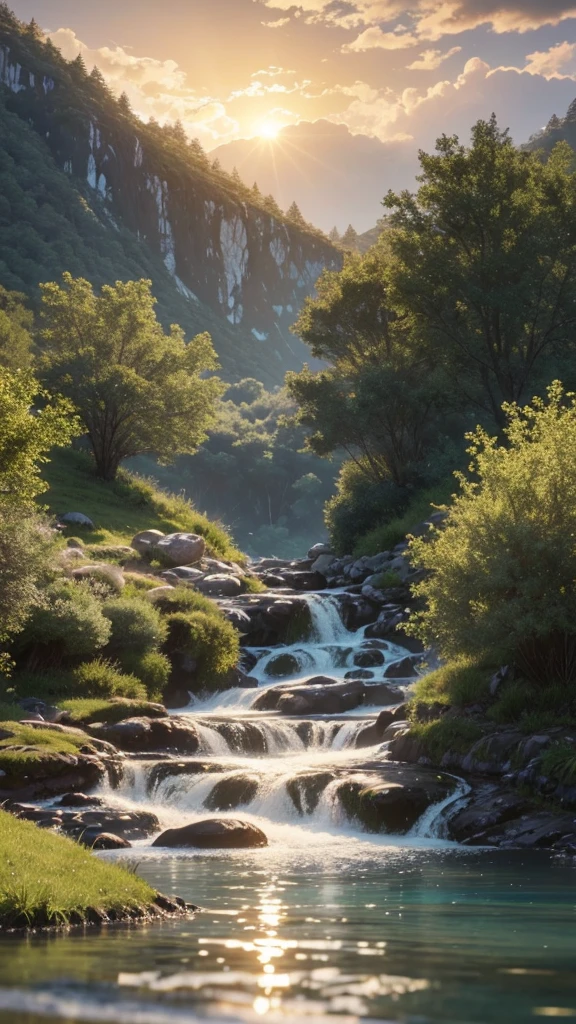 Where the water flows quietly, Very fun, beautiful, calm and beautifully landscaped. Realistic, 8K Ultra HD, Studio Quality, Ultra-realistic, 最大のdetailed, Large scale, Post-processing, Realistic, Realistic, Photoshop, photograph, detailed, Cinema Lighting、sunrise, landscape, Panorama, scenery, Ray Tracing, Cinema 4D