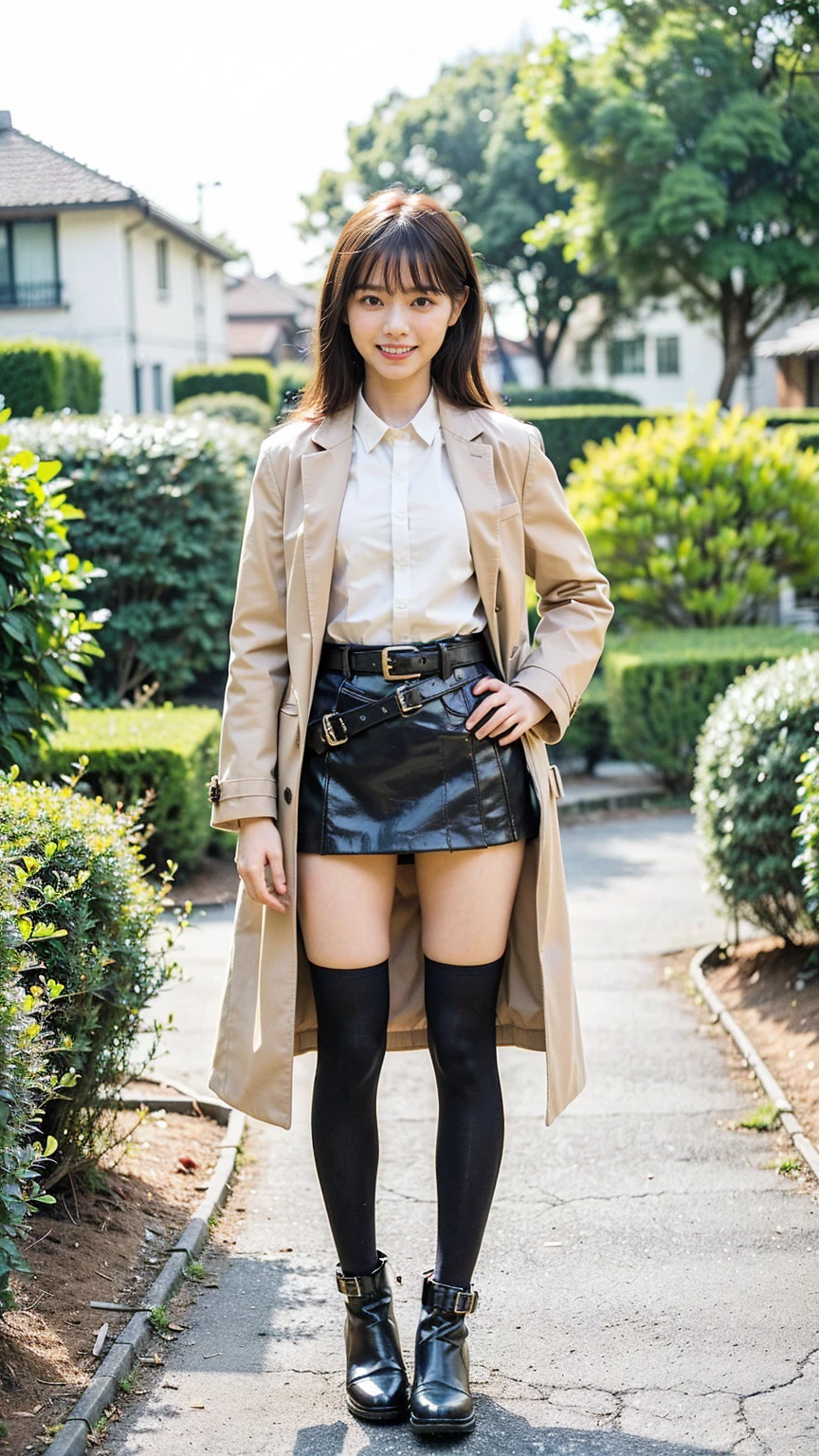 (8K、RAW Photos、Highest quality、masterpiece:1.2)、(Realistic、Realistic)、1 Girl、((mini skirt、shirt、Long coat、black、Thin legs、whole body、boots、one piece、tights、garden、View from the front、smile、Looking into the camera、belt、Stand with hands on hips))、cute