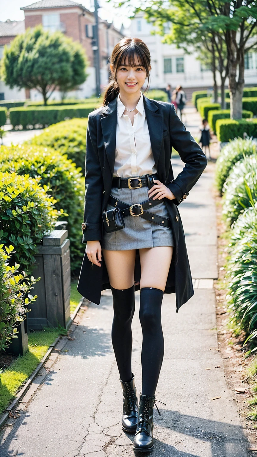 (8K、RAW Photos、Highest quality、masterpiece:1.2)、(Realistic、Realistic)、1 Girl、((mini skirt、shirt、Long coat、black、Thin legs、whole body、boots、one piece、tights、garden、View from the front、smile、Looking into the camera、belt、Stand with hands on hips))、cute