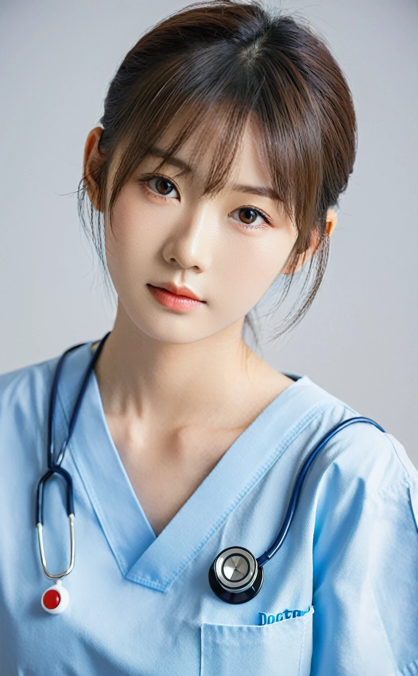 Realistic,Japanese young idol one girl portrait,She is a nurse in a blue doctor's uniform.,Gentle smile,Simple light blue background,Tilting face,Popular Korean makeup,photoRealistic,