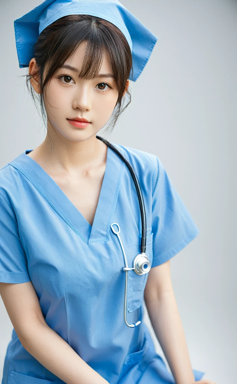 Realistic,Japanese young idol one girl portrait,She is a nurse in a blue doctor's uniform.,Gentle smile,Simple light blue background,Tilting face,Popular Korean makeup,photoRealistic,