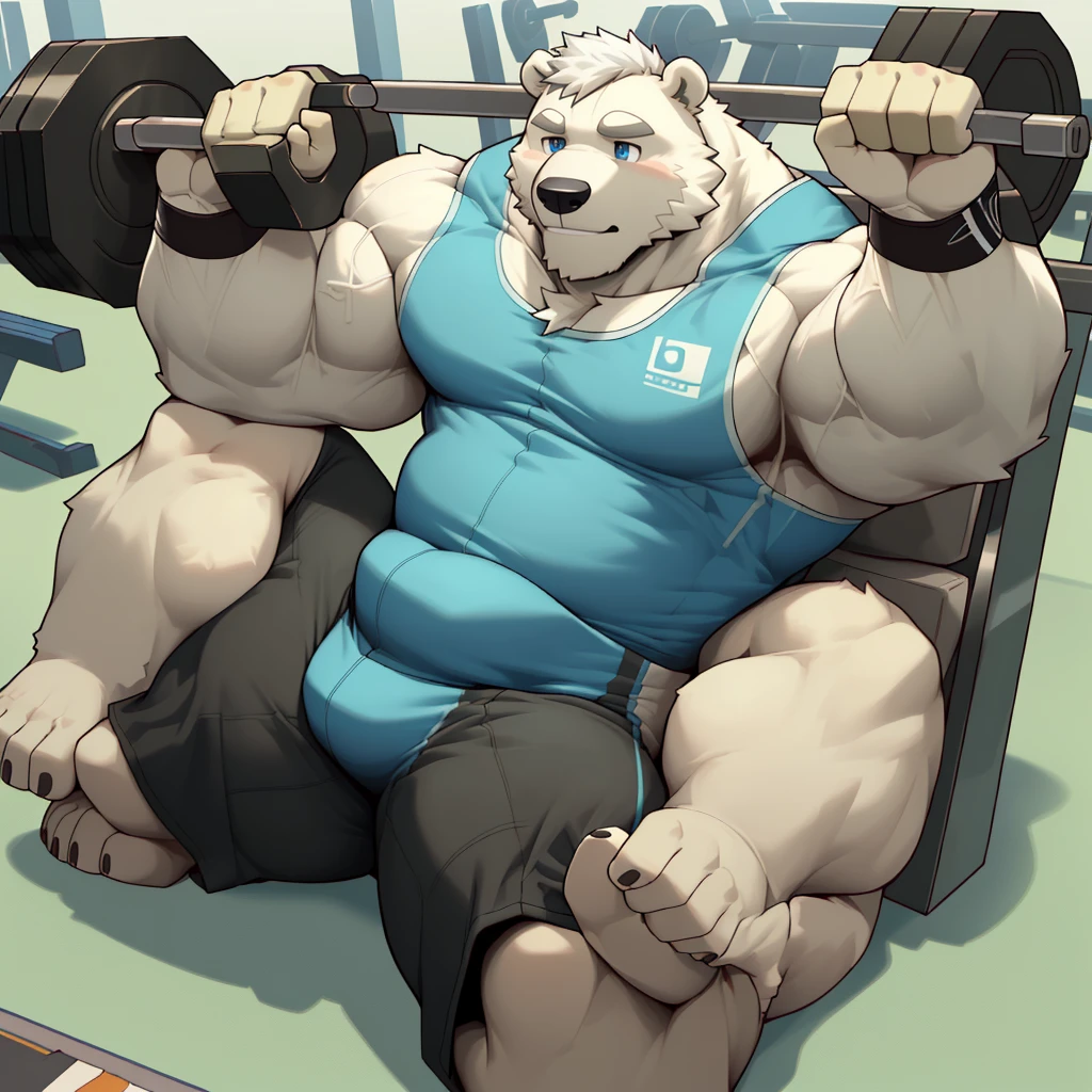 masterpiece, best quality, 8k resolution, Very detailed, hairy,(((polar bear)),(((Mature))),(((beard))),(((fat))),(((White hair all over body))),(((portrait))),(((White hair))),(((straining))),For the audience,(((gym tank top))),(((leaning back on the leg press))),((wristbands)), ((Highest quality scene,(((whole body))),(((Blue Eyes))),(((Legs apart))),(((Fat-enclosed muscle))),(((Round face))),(((alone))),(((Strong body))),(((Hip bulge))),(((arms exposed))), ((working out)), ((leg pressing))