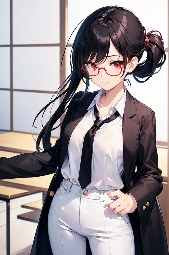 (masterpiece; best quality: 1.2), (finely detailed eyes: 1.3), ((25 year old woman)), ((solo)), (red eyes: 1.4), (body; gorgeous, lithe, femenine: 1.3), (black hair in low-ponytail: 1.3), (beautiful and clear background: 1.2), ((depth of field)), (equipment: white unbuttoned labcoat + black shirt + white tie + white pants + black square glasses: 1.3), (anime illustration: 1.2), (background composition; japanese highschool classroom + furniture: 1.1), (extremely fine and beautiful: 1.1), (shot composition; standing + centered on torso + close-up: 1.5), (expression; calm, smile: 1.2)
