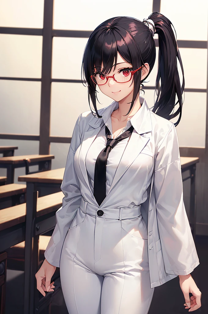 (masterpiece; best quality: 1.2), (finely detailed eyes: 1.3), ((25 year old woman)), ((solo)), (red eyes: 1.4), (body; gorgeous, lithe, femenine: 1.3), (black hair in low-ponytail: 1.3), (beautiful and clear background: 1.2), ((depth of field)), (equipment: white unbuttoned labcoat + black shirt + white tie + white pants + black square glasses: 1.3), (anime illustration: 1.2), (background composition; japanese highschool classroom + furniture: 1.1), (extremely fine and beautiful: 1.1), (shot composition; standing + centered on torso + close-up: 1.5), (expression; calm, smile: 1.2)
