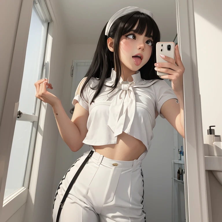 Create an image of a young adult with feminine features, maintaining the same style as the person in the provided image. The individual should have a similar hairstyle but softer, with a white shirt and bow tie, high-waisted tan trousers, and suspenders. The pose should mirror that of taking a selfie with a smartphone, reflecting in a bathroom mirror which has some spots and streaks on it.