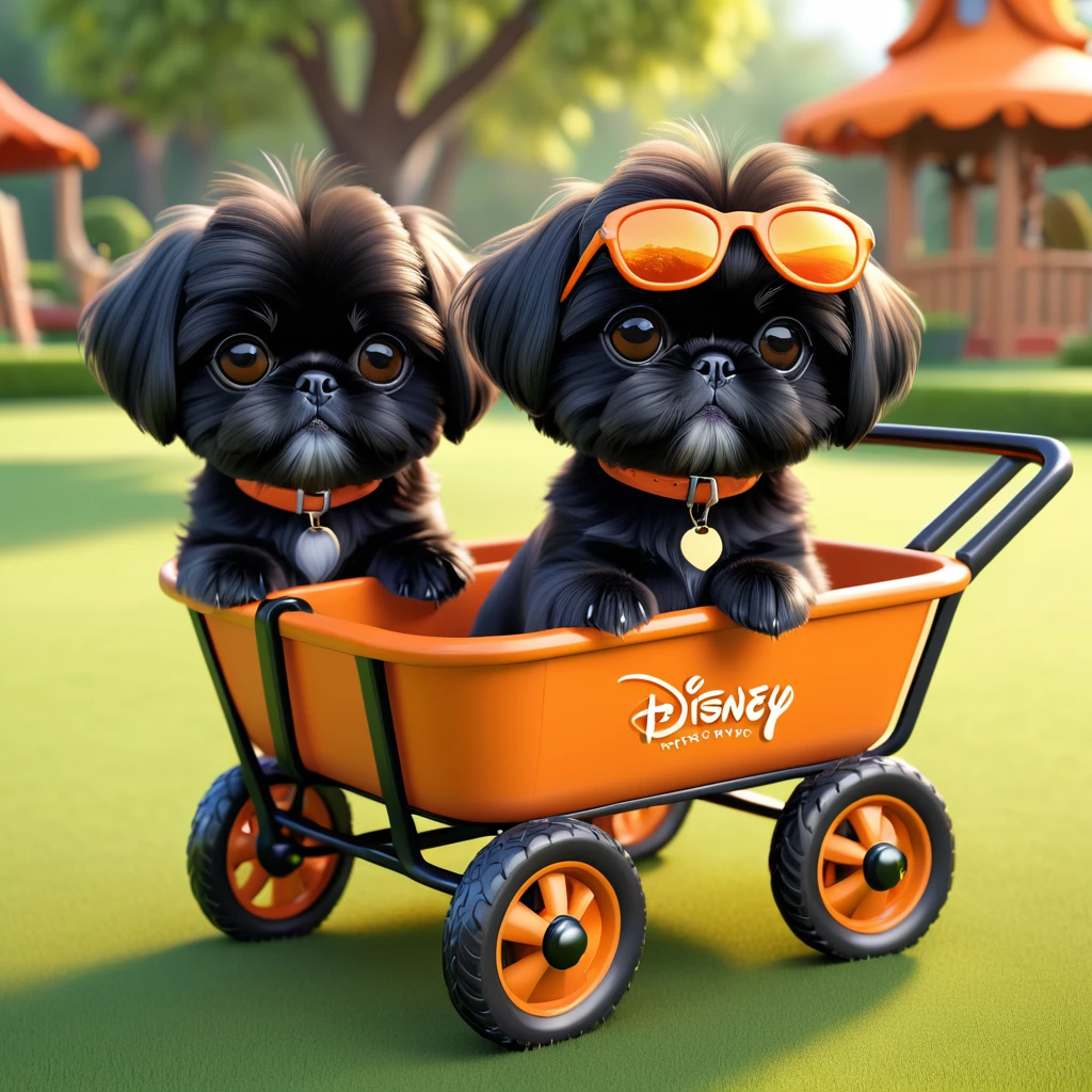2 Adorable small black Shih Tzu puppies wearing orange sunglasses pulled in wagon park 3d cartoon 3d render disney pixar style