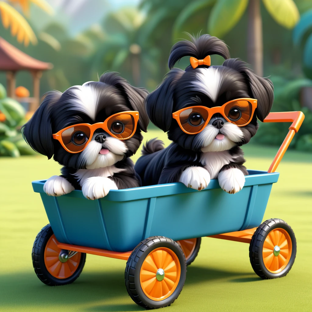 2 Adorable small black Shih Tzu puppies wearing orange sunglasses pulled in wagon park 3d cartoon 3d render disney pixar style