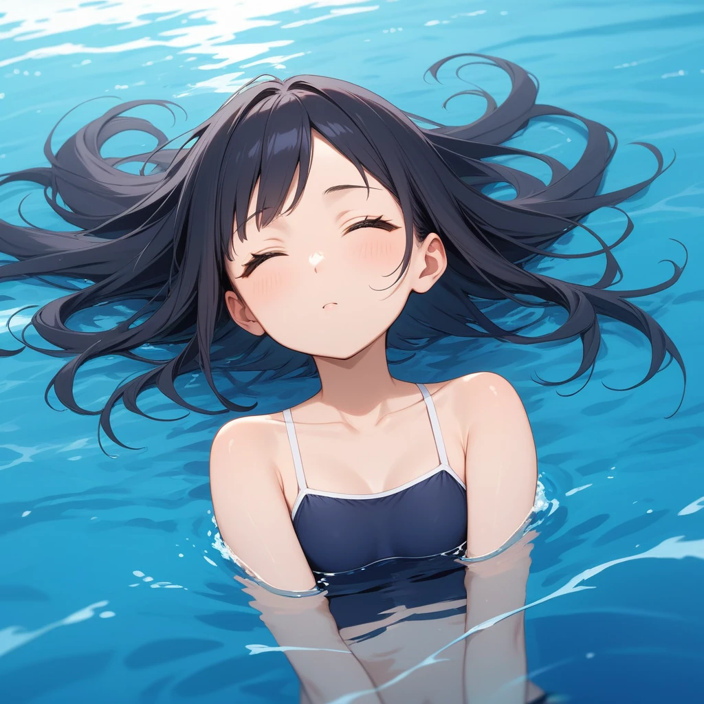 1girl、afloat、Black Hair、Navy blue swimsuit、Ocean、evening、Reflection on the water、deep faint light 、 detailed CG、high resolution