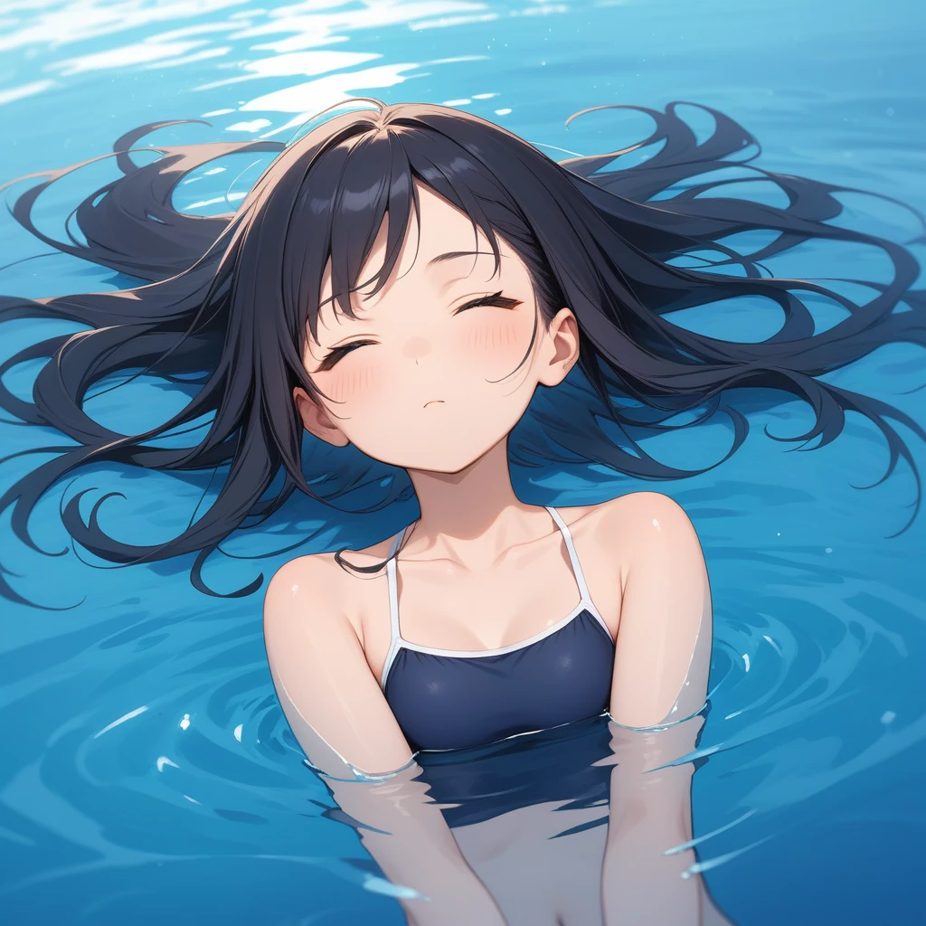 1girl、afloat、Black Hair、Navy blue swimsuit、Ocean、evening、Reflection on the water、deep faint light 、 detailed CG、high resolution