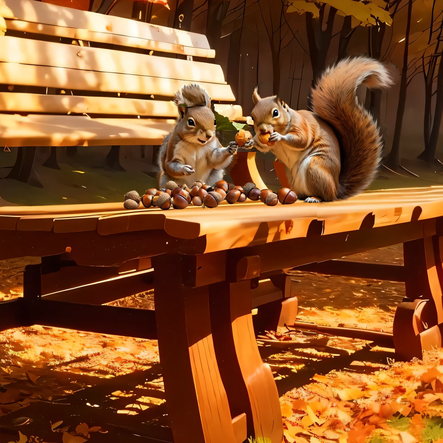 (8K, 16K, Awards, Highest quality, High resolution, Very detailed,Anatomically correct, Realistic, RAW Photos, Tabletop: 1.1),
(squirrel:1.5),二匹のsquirrelはベンチの上,Holding an acorn with both hands and biting into it