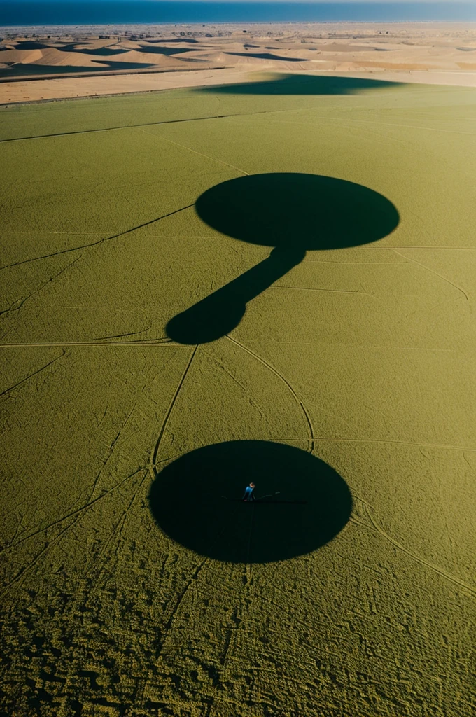 Big Half black shadow of Infront of hilarious green desert