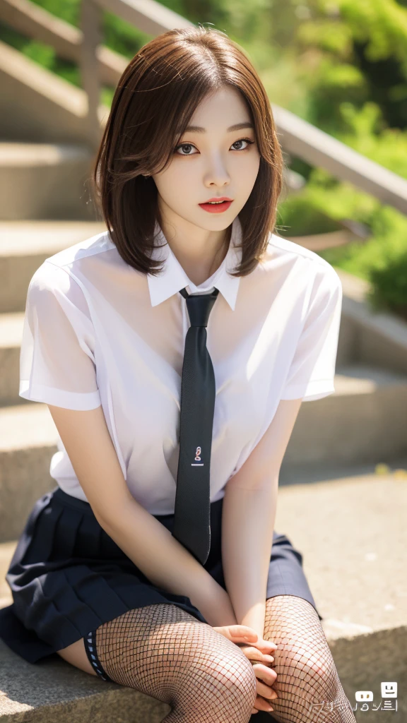 Korean 、summer shirt、Tight shirt、Ribbon Ties、skirt by the、schools、stairs at school、chest lifting pose、Emphasis on the chest、Slender and large、8K raw photos、A high resolution、18-year-old Korean、embarrassing looking、very large round breasts、Beautiful eyes finely detailed、long eyelasher、beautiful double eyelid、eye shadows、eyeline、slender eyes、Elongated eye shape、Sanpaku eyes、beautiful and thin legs、Beautiful slender thighs、Random Shorthair、Tie your hair behind your head、耳Nipple Ring、Light brown hair、(Wear pantyhose)、Hold your knees,short hair, fishnet stocking