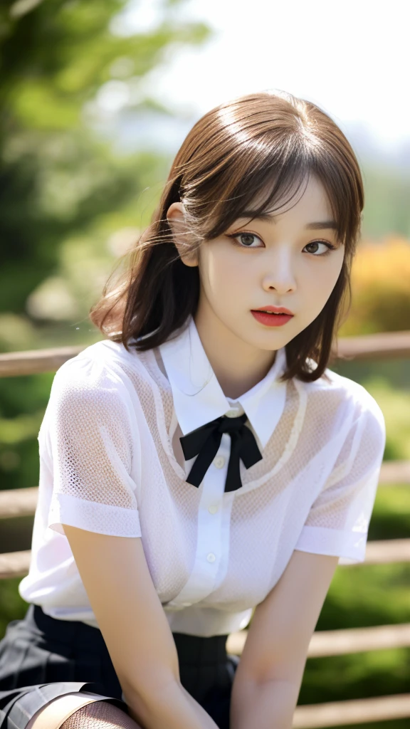 Korean 、summer shirt、Tight shirt、Ribbon Ties、skirt by the、schools、stairs at school、chest lifting pose、Emphasis on the chest、Slender and large、8K raw photos、A high resolution、18-year-old Korean、embarrassing looking、very large round breasts、Beautiful eyes finely detailed、long eyelasher、beautiful double eyelid、eye shadows、eyeline、slender eyes、Elongated eye shape、Sanpaku eyes、beautiful and thin legs、Beautiful slender thighs、Random Shorthair、Tie your hair behind your head、耳Nipple Ring、Light brown hair、(Wear pantyhose)、Hold your knees,short hair, fishnet stocking