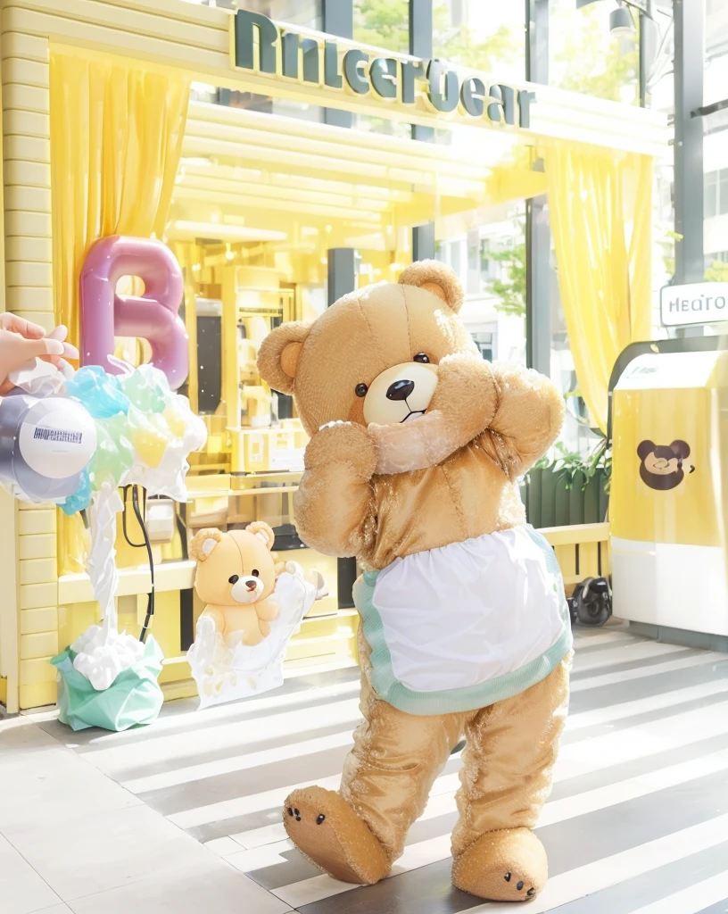 Secretly photographed from a distance, wide angle, cute bear mascot. light brown Take off your clothes and become a real bear. There was golden yellow liquid flowing from his body.