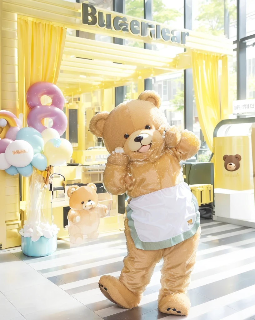 Secretly photographed from a distance, wide angle, cute bear mascot. light brown Take off your clothes and become a real bear. There was golden yellow liquid flowing from his body.