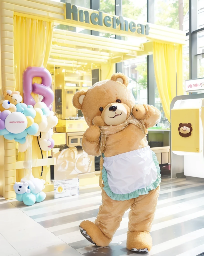 Secretly photographed from a distance, wide angle, cute bear mascot. light brown Take off your clothes and become a real bear. There was golden yellow liquid flowing from his body.