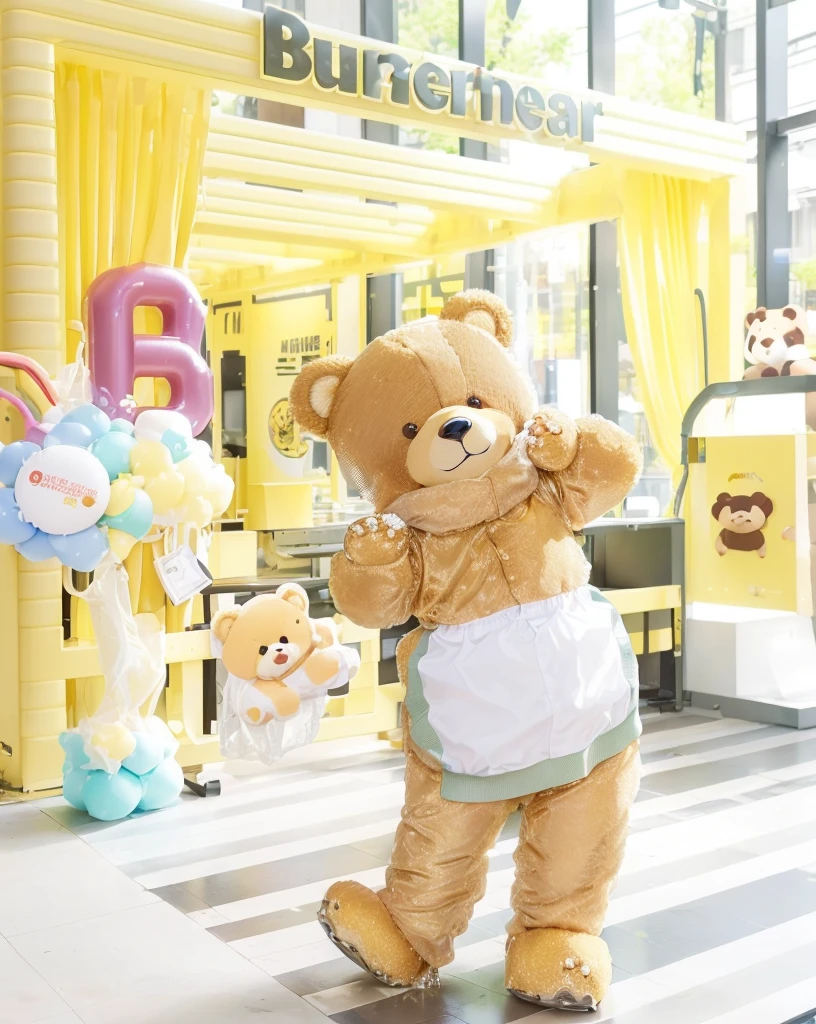 Secretly photographed from a distance, wide angle, cute bear mascot. light brown Take off your clothes and become a real bear. There was golden yellow liquid flowing from his body.