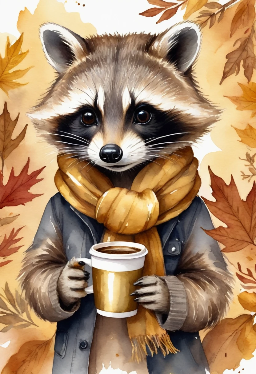 cute Raccoon, scarf, hand holding take away coffee cup , gold leaf, autumn , watercolor style, illustration, detailed, 8k