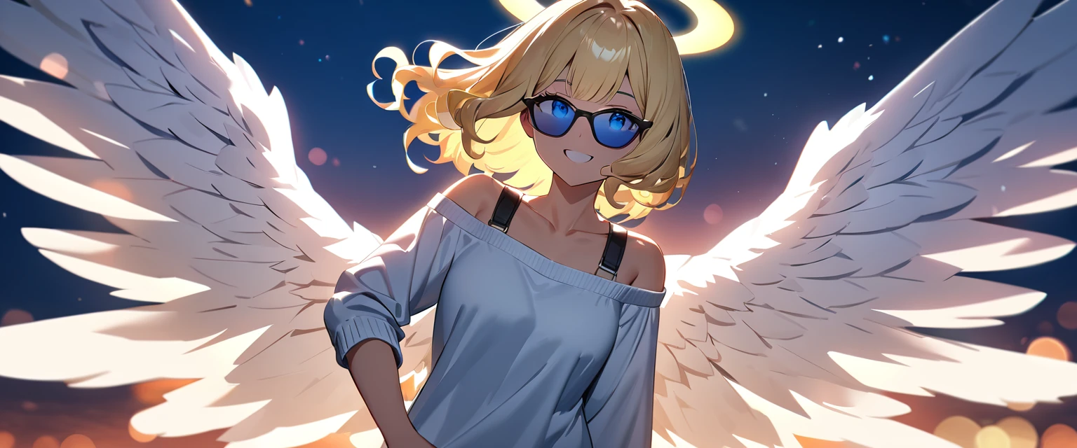 ((flying in the sky)), ((angel, big big white wings:1.3, halo:1.3)), ((sky)), (((sunglasses, hand to sunglasses))), (((cowboy shot))), archangel Uriel, ((wavy hair, inward curled hair)), evening, Sunset, ((blond hair, bob cut:1.3)), breasts, teenager, (looking at viewer), oversized clothes, puffy long sleeves, collarbone, ((off-shoulder sweater:1.3, Quite thick shoulder straps)), ((white sweater)), collarbone, head tilt:1.3, (((blue eyes))), ((happy smile)), (((anime style))), (best quality, 4K, 8K, highres, masterpiece:1.2, ultra-detailed, ultra-detailed eyes, HDR, uhd, studio lighting, ultra-fine painting, sharp focus, physically-based rendering, extreme detail description, professional, vivid colors, bokeh)
