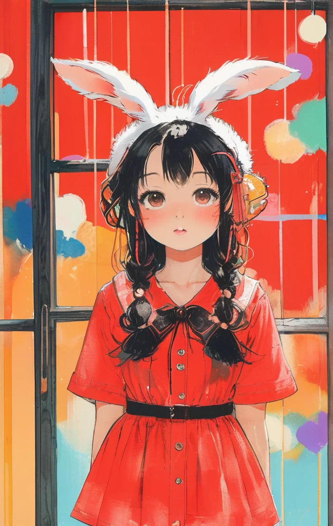 On a bright red campus"YES"Character、beautiful illustration, best quality, cute girl, bedroom, pastel color, fluffy bunny ears, , silver long hair, rabbit stuffed toy, bright lighting, light pink eyes、alone, One girl, profile,Black Bob, profile, The background color is solid yellow,An illustration