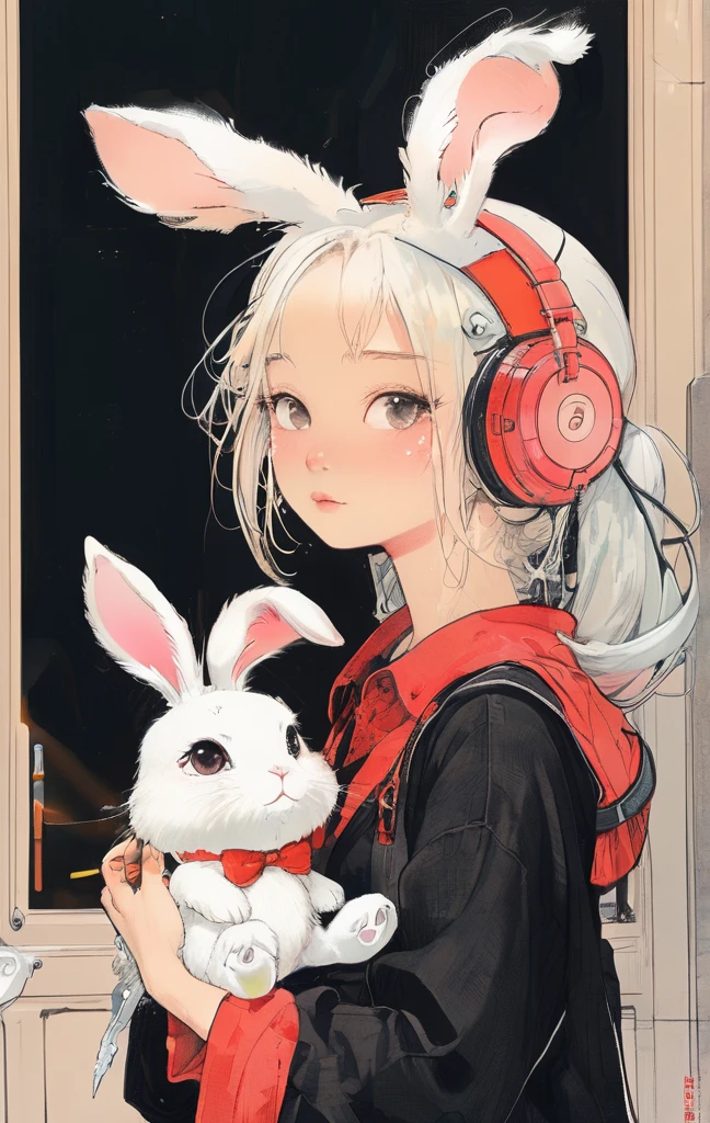 On a bright red campus"YES"Character、beautiful illustration, best quality, cute girl, bedroom, pastel color, fluffy bunny ears, , silver long hair, rabbit stuffed toy, bright lighting, light pink eyes、alone, One girl, profile,Black Bob,　profile,  The background color is solid yellow,An illustration