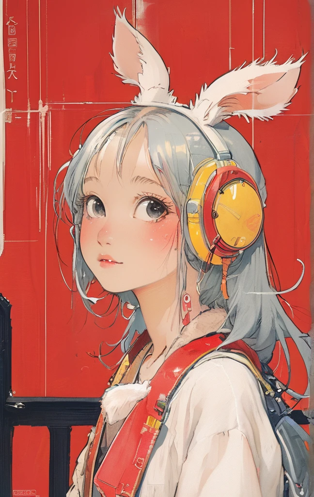 On a bright red campus"YES"Character、beautiful illustration, best quality, cute girl, bedroom, pastel color, fluffy bunny ears, , silver long hair, rabbit stuffed toy, bright lighting, light pink eyes、alone, One girl, profile,Black Bob,　profile,  The background color is solid yellow,An illustration