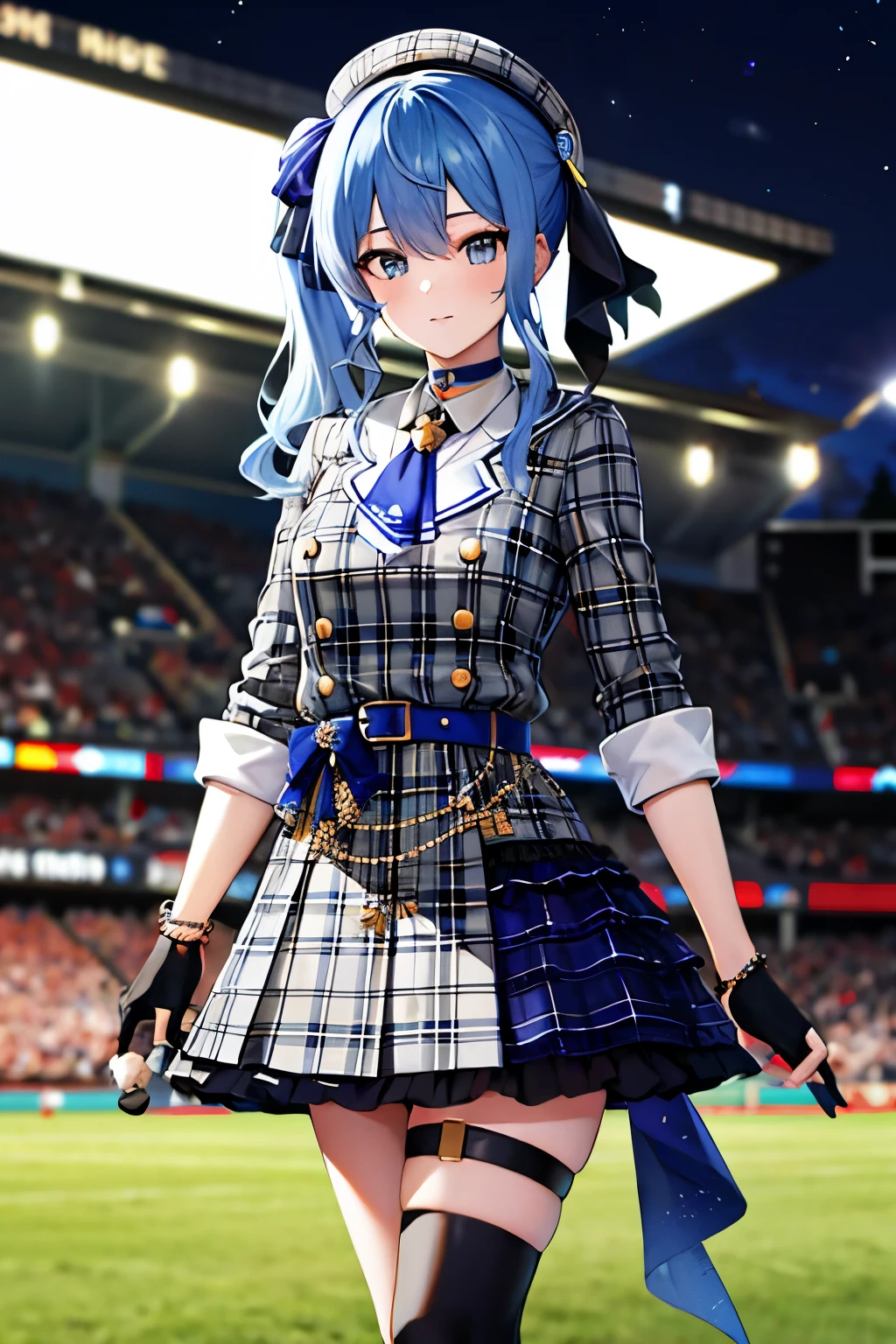 baseball ground, masterpiece, best quality, highres, sui1, 1girl, solo, side ponytail, hoshimachi suisei, fingerless gloves, single thighhigh, jewelry, single sock, thigh strap, bracelet, blue socks, buttons, single kneehigh, plaid dress, blue choker, blue belt, plaid skirt, mini crown, grey skirt, blue ascot, long sleeves, plaid jacket, cowboy shot, night game