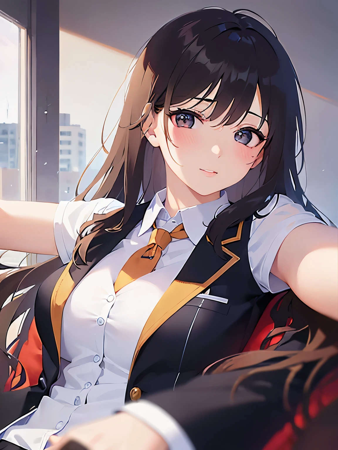 (open arms for viewer :1.5),(on back:1.5), Realistic, real person, (pale skin: 1.2), RAW photo, photorealistic, portrait photography, shiny skin, shiny hair、 (A 35-year-old woman with bangs) and (wavy hair) and (brown hair) and (Orange Eyes) , (business suit:1.5)and (Wearing a white collared shirt)、 (blush:1.5),（Cleavage：1.5）、Sleeping on the sofa,(alone:1.5)、Hands outstretched towards this