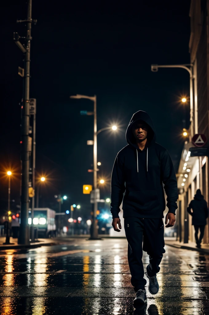 A man in a hoodie walking down a busy street in a rainy night with a rifle