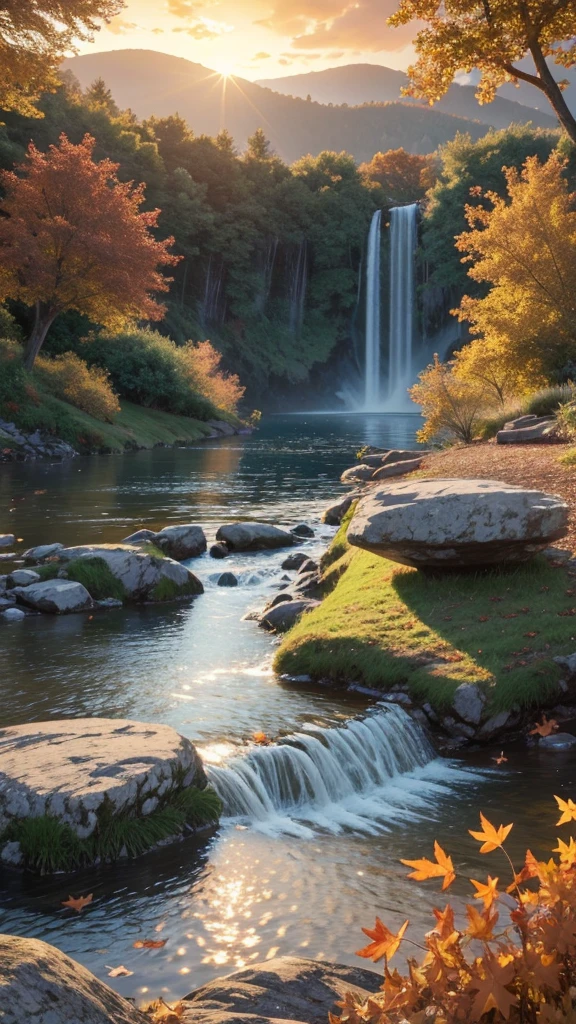 Where the water flows quietly, Very fun, beautiful, calm and beautifully landscaped. Realistic, 8K Ultra HD, Studio Quality, Ultra-realistic, 最大のdetailed, Large scale, Post-processing, Realistic, Realistic, Photoshop, photograph, detailed, Cinema Lighting、sunset、autumn、autumn leaves, landscape, Panorama, scenery, Ray Tracing, Cinema 4D