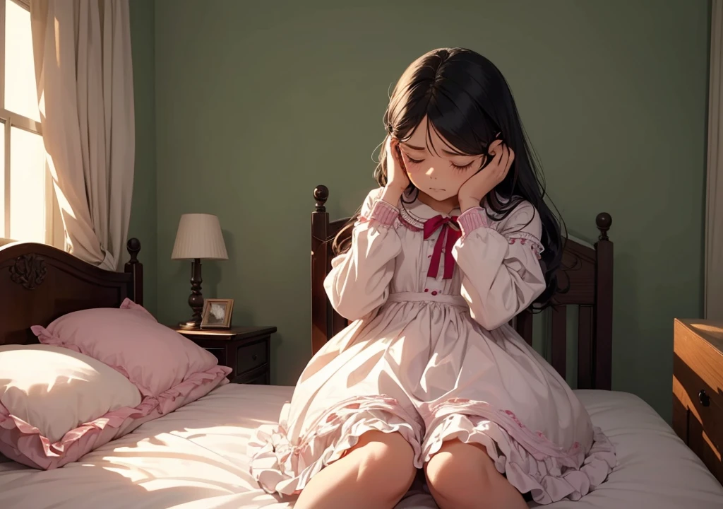 A beautiful doll name lilly feeling headache, and held her head with both her hands in pain, a room background, and lilly sitted on a bed in her room