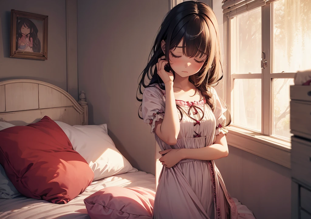 A beautiful doll name lilly feeling headache, and held her head with both her hands in pain, a room background, and lilly sitted on a bed in her room