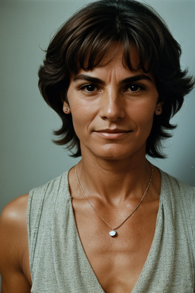 photograph of a 57 year old woman, round face nose answered, muscular, a mole on his left cheek with a Christian necklace around his neck in New York, 1979