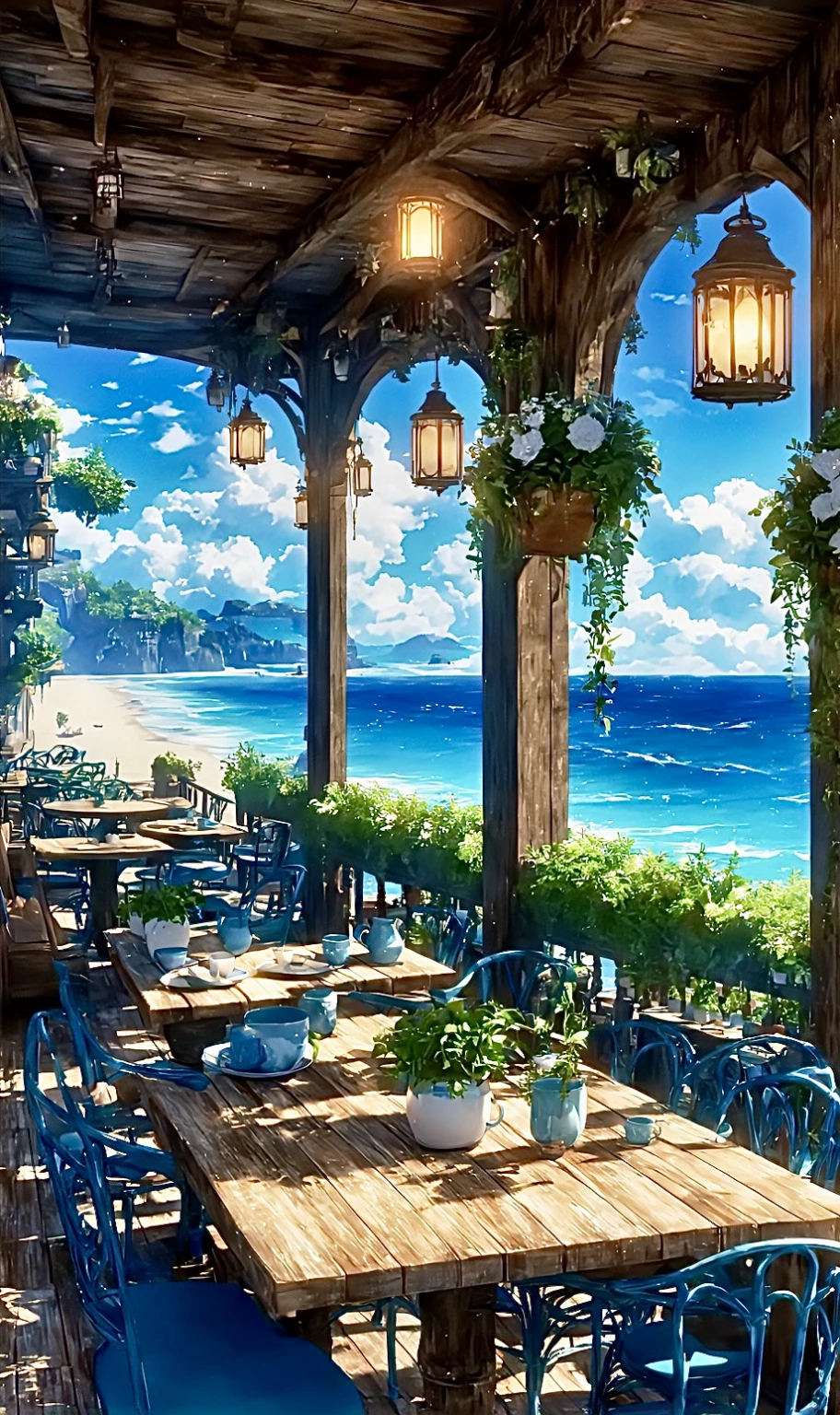 8K image quality of a seaside cafe, sunny, semi-realistic cartoon style. A balance of 50% cartoon style and 70% realistic detail, emphasizing the clear sea and intricate textures of furniture and plants, with vivid colors to create a lively and inviting atmosphere.