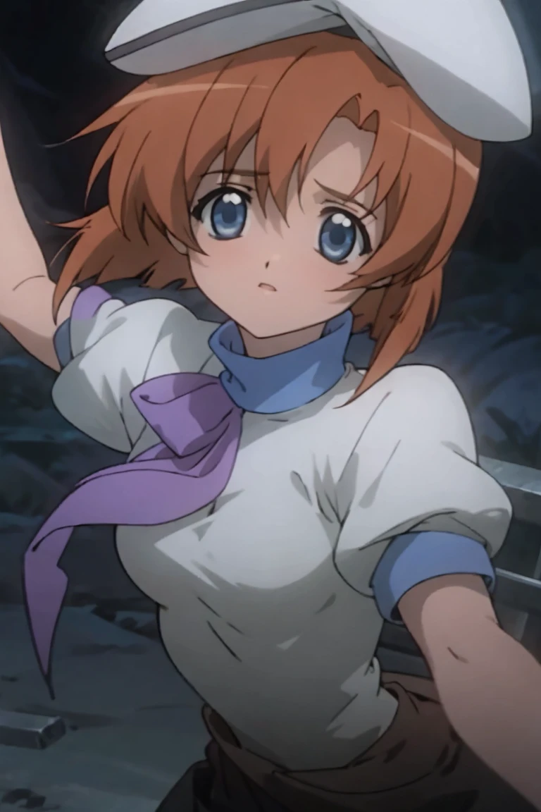 One girl，Beautiful viewasterpiece、Highest quality)，Short Hair,Orange Hair，Blue wristband，Purple ribbon，，Short sleeve，,Light colors,White Beret，Blue eyes,White slit dress，Black tights，whole body，Brown boots