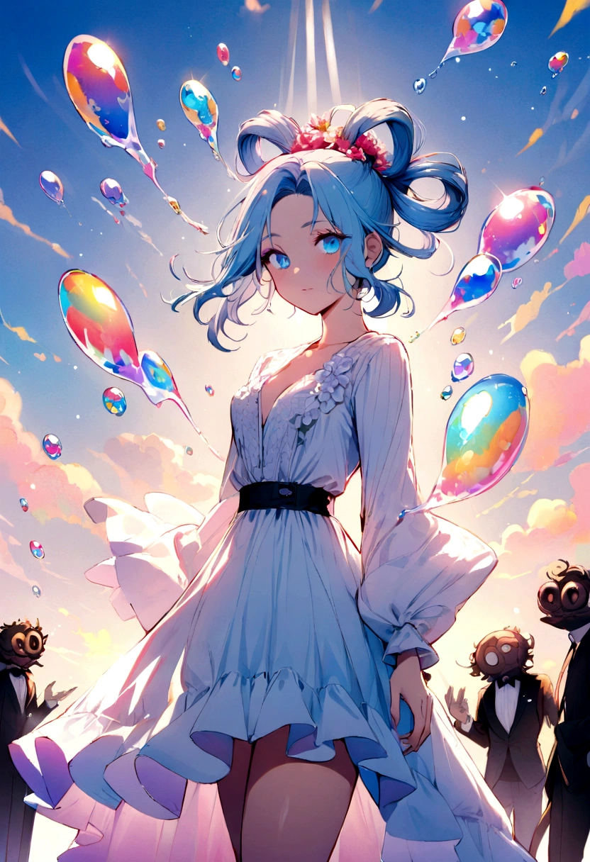 (Masterpiece), (Best Quality), (Super Detail), (disheveled Hair), (Illustration), (One Girl), (Fashionable Clothes), Standing, Fashion Model, Beholder, (Interview), (Simple Background), Finely Beautiful Eyes, Delicate Beautiful Face, Floating, (High Saturation), (Colorful Splash), Colorful Bubble, (Shine), Focus on the Face, Ponytail, Light Blue Hair, Bangs, Hair Rings, Floating Flowers, Floating Hairs, (Shining), Best Lighting, Best