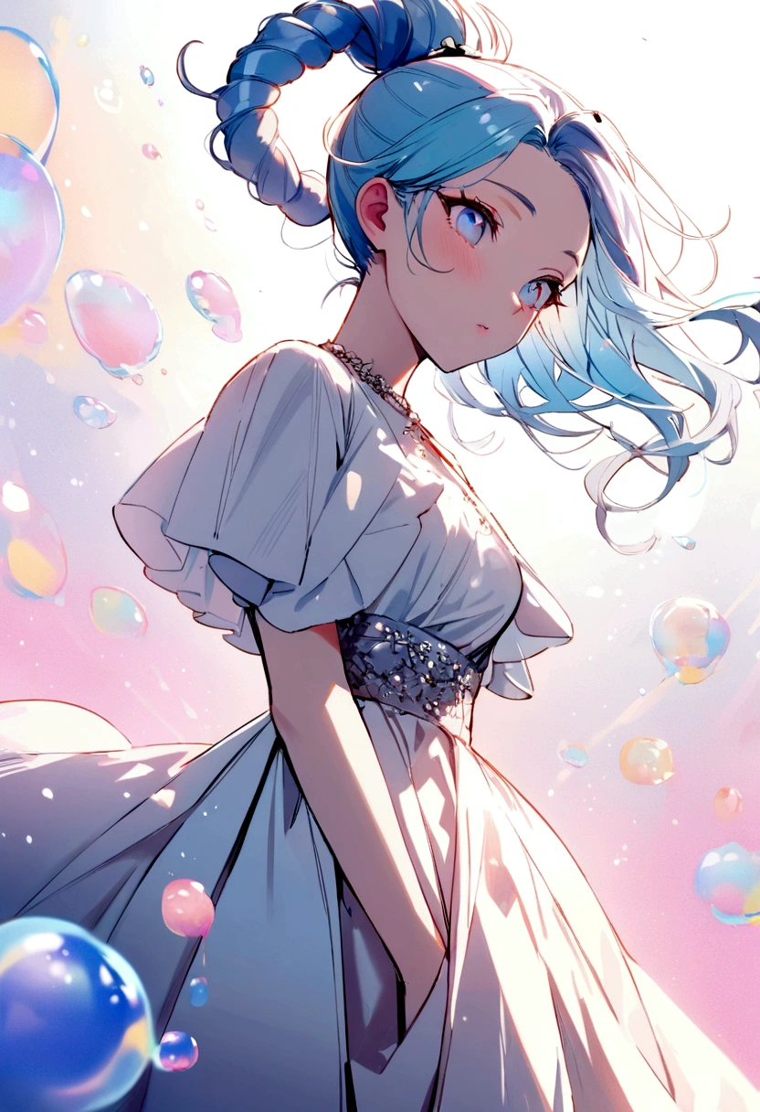 (Masterpiece), (Best Quality), (Super Detail), (disheveled Hair), (Illustration), (One Girl), (Fashionable Clothes), Standing, Fashion Model, Beholder, (Interview), (Simple Background), Finely Beautiful Eyes, Delicate Beautiful Face, Floating, (High Saturation), (Colorful Splash), Colorful Bubble, (Shine), Focus on the Face, Ponytail, Light Blue Hair, Bangs, Hair Rings, Floating Flowers, Floating Hairs, (Shining), Best Lighting, Best