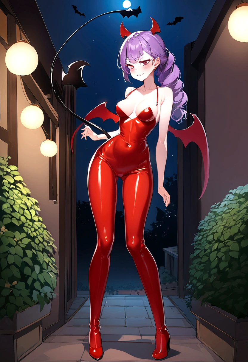 full body image of an anime style girl, the girl has a very thin body, the girl has long legs, the girl has a , the girl has white skin, the girl doesn't have breasts, the girl is slightly blushing, the girl has red ears shaped like bat wings, the girl has purple hair, the girl's hair is short, the girl's hair reaches her shoulders, The girl wears a tight red latex suit, the girl has a thin black demon tail, At the tip of the girl's tail there is a black arrow, the girl is standing, the girl is posing provocatively, the girl is squinting her eyes slightly, the girl's eyes are bright red, the girl is smiling, the girl has bat wings full of spikes on her back, the girl's expression is provocative, The background of the image is a garden at night with night lights,