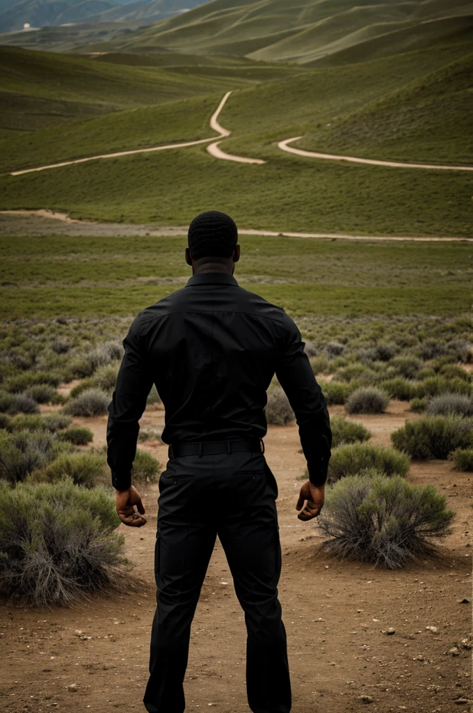 Back side black man shape Infront of hilarious green desert