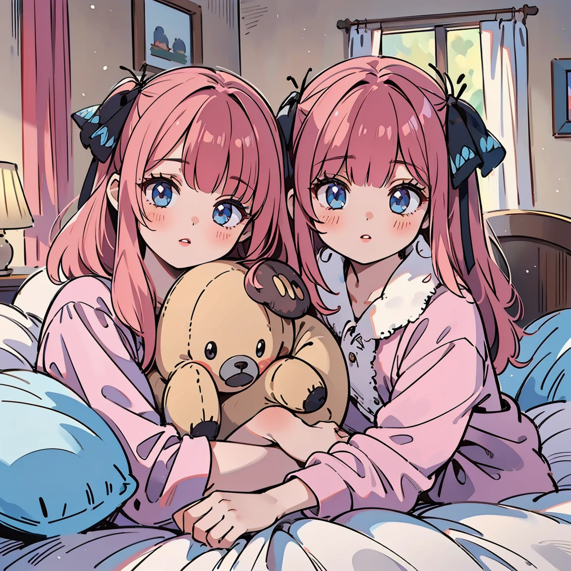 a cute doll in pajamas, nino nakano, hair ribbons, photorealistic, beautiful detailed eyes, beautiful detailed lips, extremely detailed face, longeyelashes, 1girl, sitting on bed, having pajama , warm lighting, soft pastel colors, cozy bedroom interior, plush toys, stuffed animals, decorative pillows, fuzzy blankets, (best quality,4k,8k,highres,masterpiece:1.2),ultra-detailed,(realistic,photorealistic,photo-realistic:1.37),HDR,UHD,studio lighting,ultra-fine painting,sharp focus,physically-based rendering,extreme detail description,professional,vivid colors,bokeh