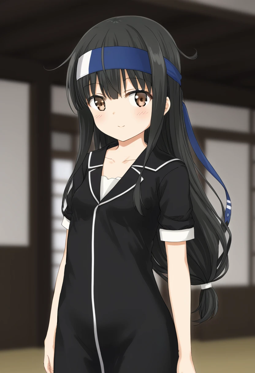 source_anime,cowboy shot,Idealized Forms,Natural Light,details background,blurry background,extremely detailed,hatsushimoKC, (left(white)right(blue))headband, (black)long hair, (low-tied)hair, (black)hair, small breasts,(petite),(akm)