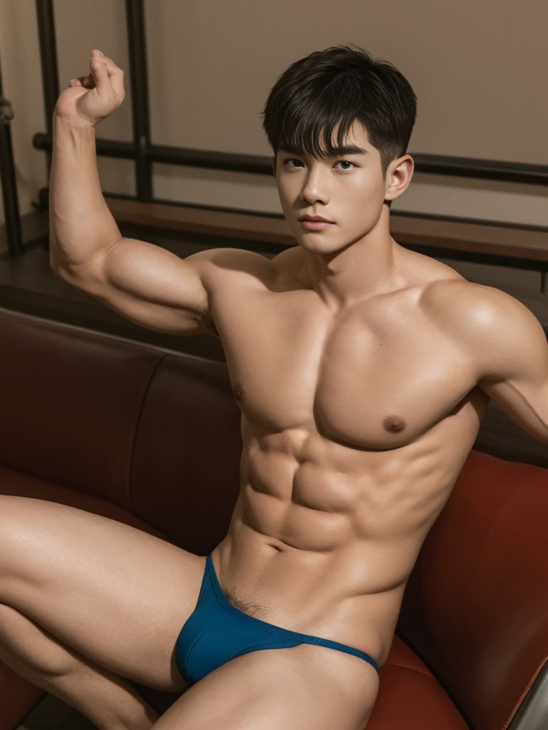 masterpiece, highest quality:1.2,high detail,1 male,good looking,muscular man, Topless ,sports oath,street , looking at the viewer, manly, short hair,Hair dyed red,ambient occlusion, sitting, spread legs, lifted arms, wearing thongs, pubes