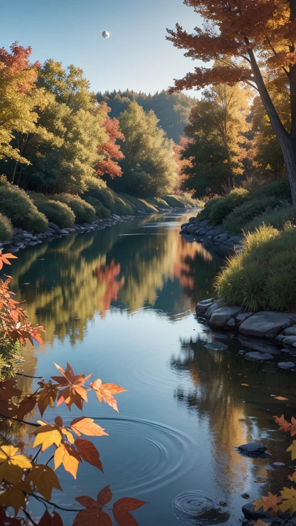 Where the water flows quietly, Very fun, beautiful, calm and beautifully landscaped. Realistic, 8K Ultra HD, Studio Quality, Ultra-realistic, 最大のdetailed, Large scale, Post-processing, Realistic, Realistic, Photoshop, photograph, detailed, Cinema Lighting、sunset、Moonrise、autumn、Deep autumn foliage, landscape, Panorama, scenery, Ray Tracing, Cinema 4D