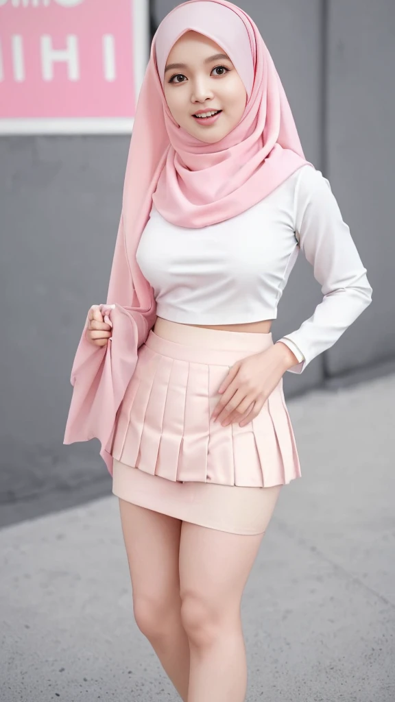 RAW, Best quality, high resolution, work: 1.3), Beautiful Malay woman in hijab, Perfect work, perfect slim fit body, Big breast, Beautiful big eyes, Soft smile, beautiful face, slightly open mouth, Show perfect thighs, beautiful woman in a white top and pink miniskirt, Pink mini skirt, pleated mini skirt, mini skirt, white and pink, white and light-pink outfit, hijab, dress, wearing mini skirt, pastel pink, very beautiful style, dressed in fluent mini skirt, pink, with soft pink colors, cute pastel shades, modestly dressed 