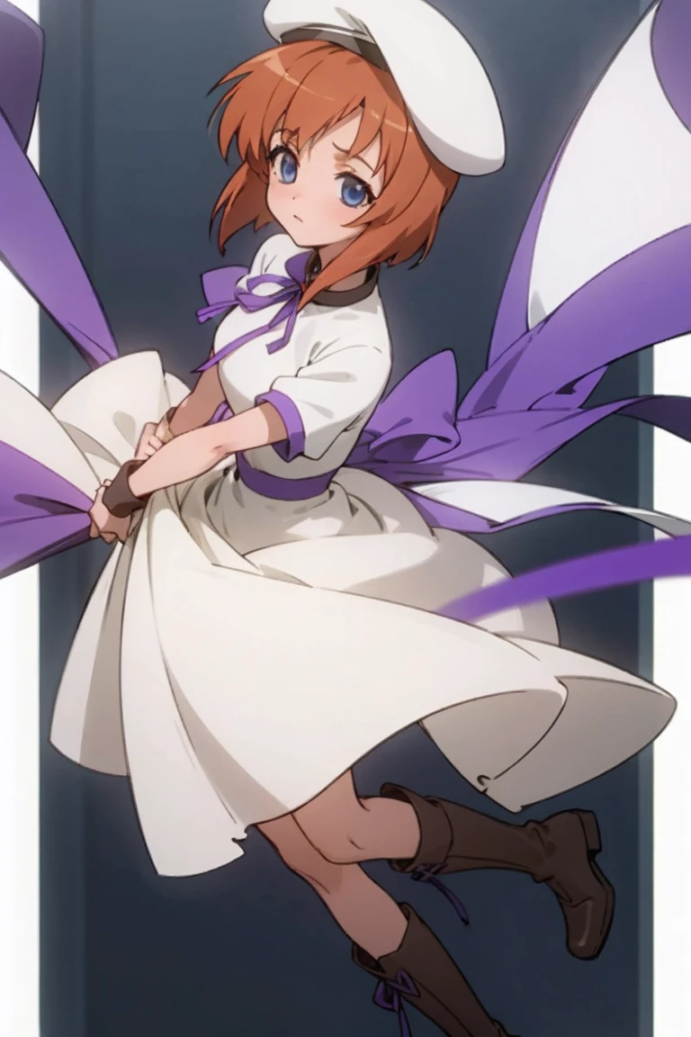 One girl，Beautiful viewasterpiece、Highest quality)，Short Hair,Orange Hair，Blue wristband，Purple ribbon，，Short sleeve，,Light colors,White Beret，Blue eyes,White slit dress，Black tights，whole body，Brown boots