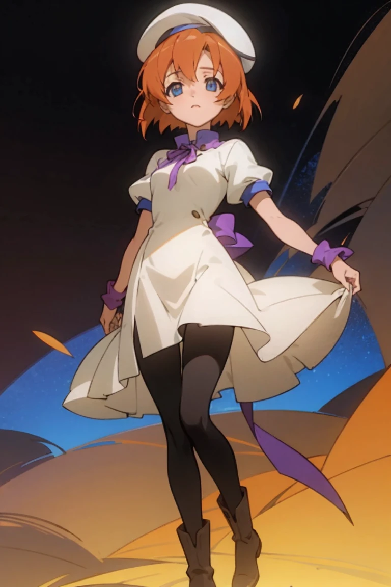 One girl，Beautiful viewasterpiece、Highest quality)，Short Hair,Orange Hair，Blue wristband，Purple ribbon，，Short sleeve，,Light colors,White Beret，Blue eyes,White slit dress，Black tights，whole body，Brown boots