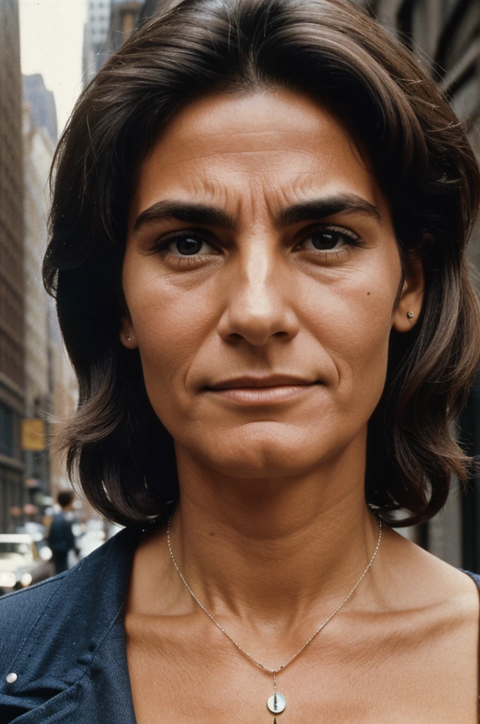 photograph of a 57 year old woman, round face nose answered, muscular, a mole on his left cheek with a Christian necklace around his neck in New York, 1979