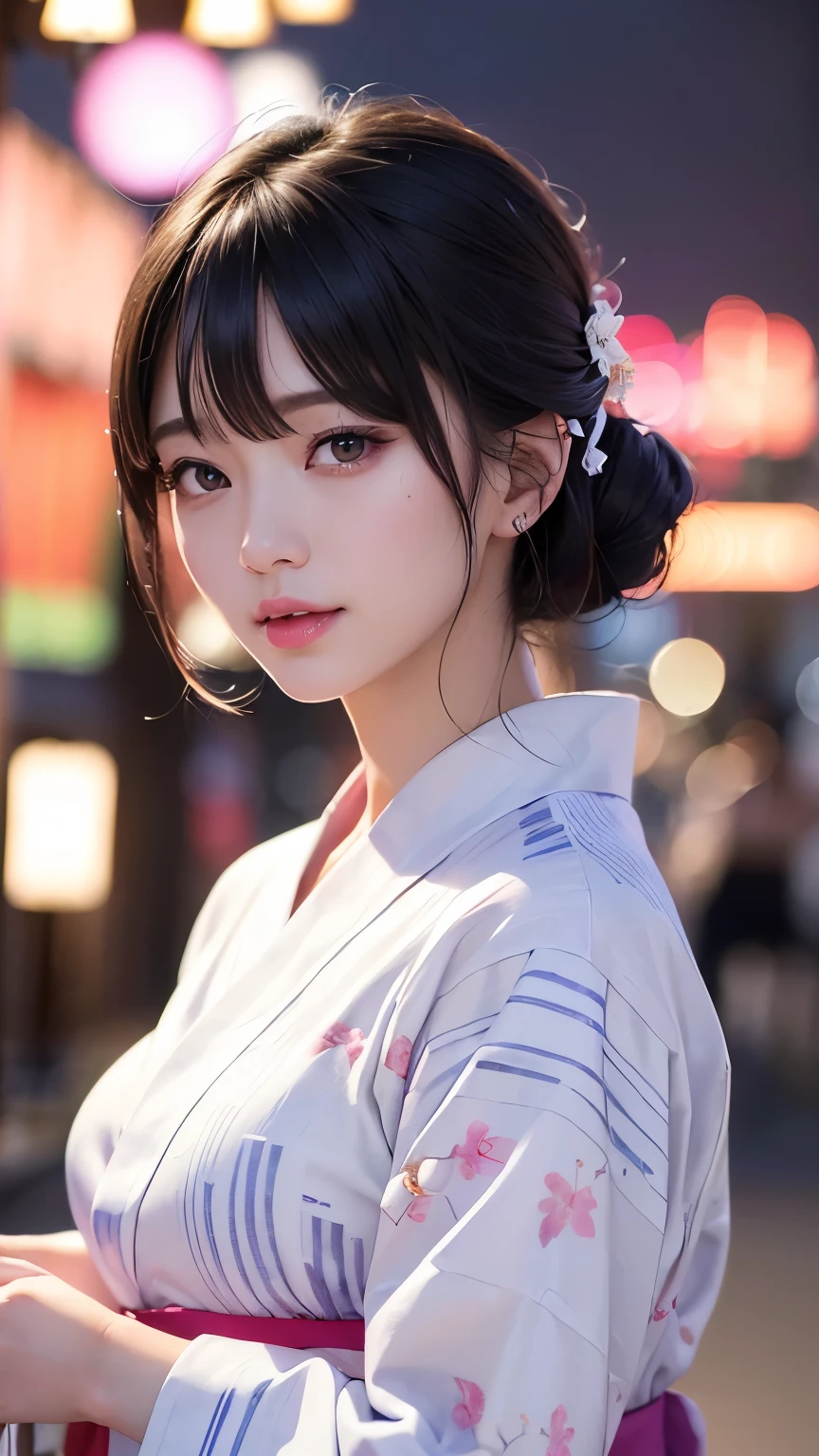(logo、masterpiece、8K、Tabletop、RAW Photos、wonderful、最high quality、フォトリアリスティックでVery detailedな CG 複合 8K 壁紙、high quality、Very detailed、Narrative poem、Particle Effects、Dynamic Effects、Depth of the Boundary、Cinematic Light、Lens flare、Ray Tracing)、 (One beautiful woman wearing a yukata、White yukata、Light purple pattern)、Black-haired、High definition skin、Very fine、Fine skin texture、Beautiful Face、True Face、Beautiful details in the eyes、Realistic eyes、Beautifully detailed eyes、Realistic Skin、Beautiful Skin、Surreal、Smiling Eyes、Hair and light eyes、vivid、Colorful lights and bokeh、plump lower lip、Pink Lips、Hair flutters in Wind、Hair bounces、wonderful景色、night、evening、Wind、moonlight、moonlight、light